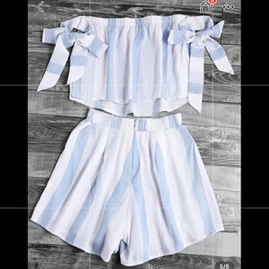 Tie Sleeve Striped Off Shoulder Matching Short Set